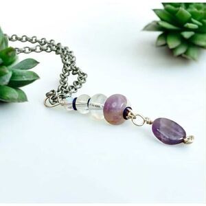 Amethyst Hematite Gemstone Pendant Necklace, Adjustable Necklace, 18 - 20"